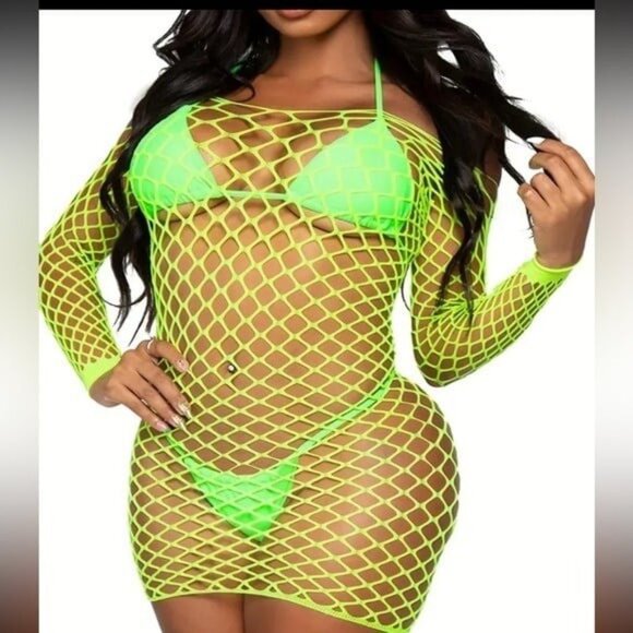 Neon Green Hollow Out Fishnet Dress - Picture 6 of 7